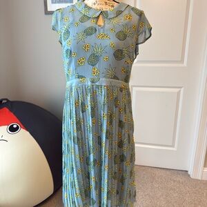 Vintage-inspired Pineapple Print Dress - Blue and Yellow